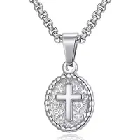 Mendes Zilverkleurige Heren Ketting met Ovale Kruis Hanger