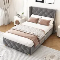 Sweiko Gestoffeerd bed - 90 x 200 cm - Getufte bekleding - Houten poten - Velvet - Grijs
