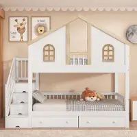 Sweiko Stapelbed - 90x200 cm - 2 laden - Den + MDF - Wit + Natuurlijk
