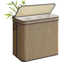 Songmics 3-delige wasmand met deksel, (170 L) Grote wasmand met 3 verwijderbare machinewasbare stoffen zakken, bamboe wasmand, handgrepen, voor badkamer, bruin LCB069K01