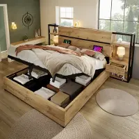 OKWISH Bed 160x200 cm - Opbergbed Hydraulisch met USB/Type-C - Met Nachtkastjes en Ladefunctie - MDF;Metaal - Notenbruin - Zonder matras