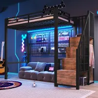 STILVORA Hoogslaper 90x200 cm – Met Kasttrap En Ledverlichting – Open Ruimte En Hangrek – Zonder Matras – Metaal – Zwart