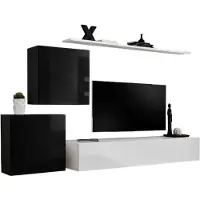 Meublorama Wandcompositie SWITCH V - Tv-meubel en zwevende blokken - Glanzend wit en zwart - Modern ontwerp