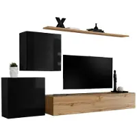 Meublorama Wandcompositie SWITCH V – Tv-meubel en zwevende blokken – Wotan Eiken en glanzend zwart – Modern ontwerp