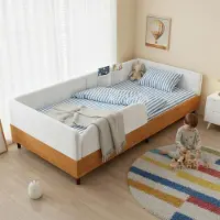 Great han Polsterbed, eenpersoonsbed, 90x200 cm, wit, fluweel en hout design, met 2 opbergvakken, antislip schuimrand, stevig bedframe (matras niet inbegrepen)
