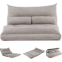 Costway vloerbank - slaapbank - inklapbaar - verstelbare rugleuning - 2 kussens - plat: 180 x 110 x 18cm - grijs