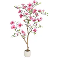 Happiq Kunstmatige magnoliaboom - Voor thuis of kantoor - Realistische zijden bladeren, zachtroze bloesems, onderhoudsvrij - Kunstplant - Roze-150cm