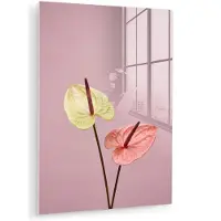 MuchoWow Glasschilderij 120x160 cm - Schilderij acrylglas - Bloemen - Anthuriums - Geel - Roze - Foto op glas - Muurdecoratie woonkamer - Wanddecoratie slaapkamer - Schilderijen
