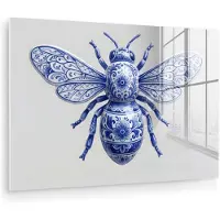 MuchoWow Glasschilderij 90x60 cm - Schilderij acrylglas - Bij - Modern - Delfts - Blauw - Foto op glas - Muurdecoratie woonkamer - Wanddecoratie slaapkamer - Schilderijen