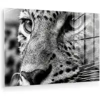 MuchoWow Glasschilderij 150x100 cm - Schilderij acrylglas - Luipaard - Zwart - Wit - Oog - Foto op glas - Muurdecoratie woonkamer - Wanddecoratie slaapkamer - Schilderijen