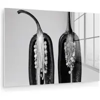 MuchoWow Glasschilderij 120x80 cm - Schilderij acrylglas - Pepers - Zwart - Wit - Zaadlijsten - Foto op glas - Muurdecoratie woonkamer - Wanddecoratie slaapkamer - Schilderijen