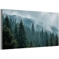 MuchoWow Aluminium schilderij 40x20 cm - Wanddecoratie metaal - Naaldwoud - Bergen - Mist - Metalen muurdecoratie woonkamer - Decoratie industrieel - Foto op dibond - Industriële accessoires slaapkamer