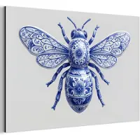 MuchoWow Aluminium schilderij 90x60 cm - Wanddecoratie metaal - Bij - Modern - Delfts - Blauw - Metalen muurdecoratie woonkamer - Decoratie industrieel - Foto op dibond - Industriële accessoires slaapkamer