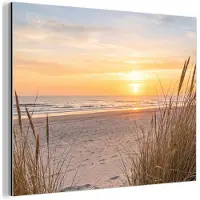 MuchoWow Aluminium schilderij 160x120 cm - Wanddecoratie metaal - Zonsondergang - Duinen - Zee - Metalen muurdecoratie woonkamer - Decoratie industrieel - Foto op dibond - Industriële accessoires slaapkamer
