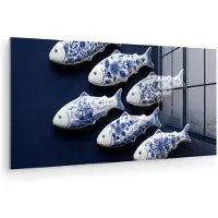 MuchoWow Glasschilderij 80x40 cm - Schilderij acrylglas - Vissen - Delfts - Blauw - Keramiek - Foto op glas - Muurdecoratie woonkamer - Wanddecoratie slaapkamer - Schilderijen