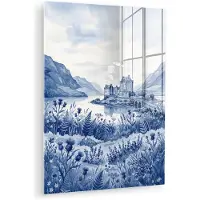 MuchoWow Glasschilderij 60x80 cm - Schilderij acrylglas - Schots - Kasteel - Blauw - Aquarel - Foto op glas - Muurdecoratie woonkamer - Wanddecoratie slaapkamer - Schilderijen