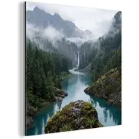 MuchoWow Aluminium schilderij 50x50 cm - Wanddecoratie metaal - Waterval - Bomen - Bergen - Metalen muurdecoratie woonkamer - Decoratie industrieel - Foto op dibond - Industriële accessoires slaapkamer