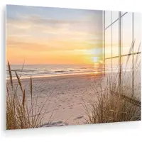 MuchoWow Glasschilderij 160x120 cm - Schilderij acrylglas - Zonsondergang - Duinen - Zee - Foto op glas - Muurdecoratie woonkamer - Wanddecoratie slaapkamer - Schilderijen