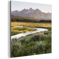 MuchoWow Aluminium schilderij 50x50 cm - Wanddecoratie metaal - Berglandschap - Rivier - Bos - Metalen muurdecoratie woonkamer - Decoratie industrieel - Foto op dibond - Industriële accessoires slaapkamer