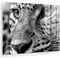 MuchoWow Glasschilderij 120x90 cm - Schilderij acrylglas - Luipaard - Zwart - Wit - Oog - Foto op glas - Muurdecoratie woonkamer - Wanddecoratie slaapkamer - Schilderijen
