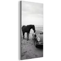 MuchoWow Aluminium schilderij 80x160 cm - Wanddecoratie metaal - Paard - Auto - Zwart - Wit - Metalen muurdecoratie woonkamer - Decoratie industrieel - Foto op dibond - Industriële accessoires slaapkamer