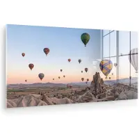 MuchoWow Glasschilderij 120x60 cm - Schilderij acrylglas - Luchtballonnen - Rotsen - Zonsopgang - Foto op glas - Muurdecoratie woonkamer - Wanddecoratie slaapkamer - Schilderijen