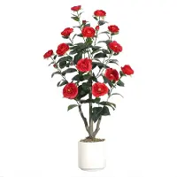 Happiq Kunstmatige Camellia Boom - Voor Binnen & Buiten - Realistische Zijden Bloemen met Groene Bladeren - 90 cm - Rood-90cm