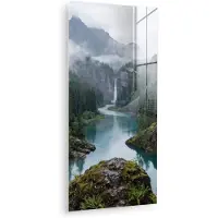 MuchoWow Glasschilderij 60x120 cm - Schilderij acrylglas - Waterval - Bomen - Bergen - Foto op glas - Muurdecoratie woonkamer - Wanddecoratie slaapkamer - Schilderijen