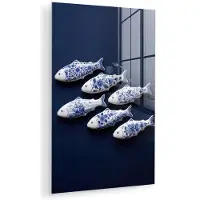 MuchoWow Glasschilderij 120x180 cm - Schilderij acrylglas - Vissen - Delfts - Blauw - Keramiek - Foto op glas - Muurdecoratie woonkamer - Wanddecoratie slaapkamer - Schilderijen