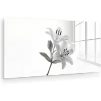 MuchoWow Glasschilderij 120x60 cm - Schilderij acrylglas - Lelies - Elegant - Zwart - Wit - Foto op glas - Muurdecoratie woonkamer - Wanddecoratie slaapkamer - Schilderijen