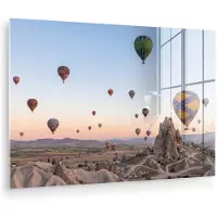 MuchoWow Glasschilderij 180x120 cm - Schilderij acrylglas - Luchtballonnen - Rotsen - Zonsopgang - Foto op glas - Muurdecoratie woonkamer - Wanddecoratie slaapkamer - Schilderijen