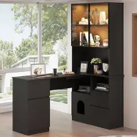 STILVORA Hoekbureau Met Kast En Led Vitrinekast - 3 Lades En Kabeldoorvoer - Voor Thuiswerk En Studie - MDF - Zwart