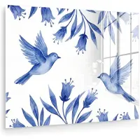 MuchoWow Glasschilderij 40x30 cm - Schilderij acrylglas - Modern - Vogels - Delfts - Blauw - Foto op glas - Muurdecoratie woonkamer - Wanddecoratie slaapkamer - Schilderijen