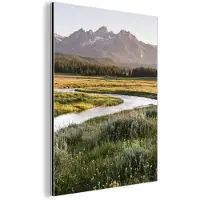 MuchoWow Aluminium schilderij 120x160 cm - Wanddecoratie metaal - Berglandschap - Rivier - Bos - Metalen muurdecoratie woonkamer - Decoratie industrieel - Foto op dibond - Industriële accessoires slaapkamer