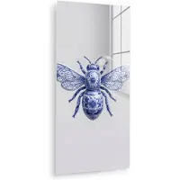 MuchoWow Glasschilderij 60x120 cm - Schilderij acrylglas - Bij - Modern - Delfts - Blauw - Foto op glas - Muurdecoratie woonkamer - Wanddecoratie slaapkamer - Schilderijen