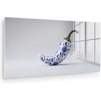 MuchoWow Glasschilderij 80x40 cm - Schilderij acrylglas - Chilipeper - Keramiek - Blauw - Foto op glas - Muurdecoratie woonkamer - Wanddecoratie slaapkamer - Schilderijen