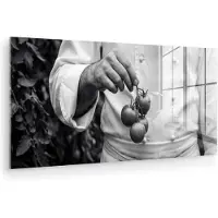 MuchoWow Glasschilderij 40x20 cm - Schilderij acrylglas - Tomaten - Chef - Zwart - Wit - Foto op glas - Muurdecoratie woonkamer - Wanddecoratie slaapkamer - Schilderijen