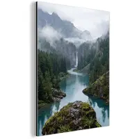 MuchoWow Aluminium schilderij 120x160 cm - Wanddecoratie metaal - Waterval - Bomen - Bergen - Metalen muurdecoratie woonkamer - Decoratie industrieel - Foto op dibond - Industriële accessoires slaapkamer