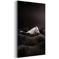 MuchoWow Aluminium schilderij 40x60 cm - Wanddecoratie metaal - Paarden - Zwart - Wit - Kudde - Metalen muurdecoratie woonkamer - Decoratie industrieel - Foto op dibond - Industriële accessoires slaapkamer