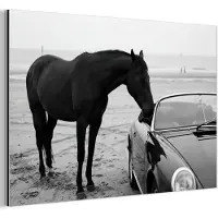 MuchoWow Aluminium schilderij 90x60 cm - Wanddecoratie metaal - Paard - Auto - Zwart - Wit - Metalen muurdecoratie woonkamer - Decoratie industrieel - Foto op dibond - Industriële accessoires slaapkamer