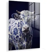 MuchoWow Glasschilderij 120x160 cm - Schilderij acrylglas - Koe - Delfts - Blauw - Artistiek - Foto op glas - Muurdecoratie woonkamer - Wanddecoratie slaapkamer - Schilderijen