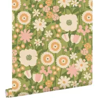 ESTAhome behang retro bloemen groen, roze en oranje - 50 x 900 cm - 132160