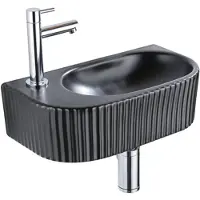 Qeramiq Fuente Fonteinset - 40x21.5x12cm - links - geribbeld - halfrond - 1 kraangat - keramiek - fonteinkraan chroom - afvoerplug - verlaagd sifon - zwart mat SW1522212/SW696209/SW696219/SW696234