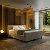 Mörgenn Boxspring Madrid - Pocketvering - 6-Baans Hoofdbord - Taupe - 180x210 cm - Inclusief Dekbed en Kussens