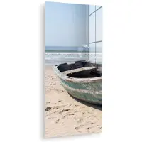 MuchoWow Glasschilderij 80x160 cm - Schilderij acrylglas - Boot - Zandstrand - Zee - Foto op glas - Muurdecoratie woonkamer - Wanddecoratie slaapkamer - Schilderijen