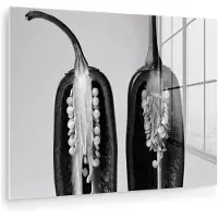 MuchoWow Glasschilderij 40x30 cm - Schilderij acrylglas - Pepers - Zwart - Wit - Zaadlijsten - Foto op glas - Muurdecoratie woonkamer - Wanddecoratie slaapkamer - Schilderijen