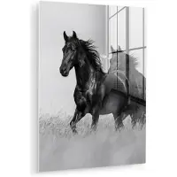 MuchoWow Glasschilderij 120x160 cm - Schilderij acrylglas - Paarden - Gras - Zwart - Wit - Foto op glas - Muurdecoratie woonkamer - Wanddecoratie slaapkamer - Schilderijen