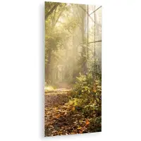 MuchoWow Glasschilderij 20x40 cm - Schilderij acrylglas - Zonlicht - Bospad - Bomen - Foto op glas - Muurdecoratie woonkamer - Wanddecoratie slaapkamer - Schilderijen