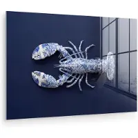 MuchoWow Glasschilderij 30x20 cm - Schilderij acrylglas - Kreeft - Porselein - Delfts - Blauw - Foto op glas - Muurdecoratie woonkamer - Wanddecoratie slaapkamer - Schilderijen