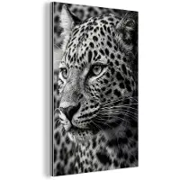 MuchoWow Aluminium schilderij 80x120 cm - Wanddecoratie metaal - Luipaard - Zwart - Wit - Oog - Metalen muurdecoratie woonkamer - Decoratie industrieel - Foto op dibond - Industriële accessoires slaapkamer